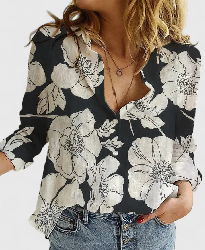 Sabine | Women's Relaxed Cotton-Linen Button-Down Blouse with Lapel Collar