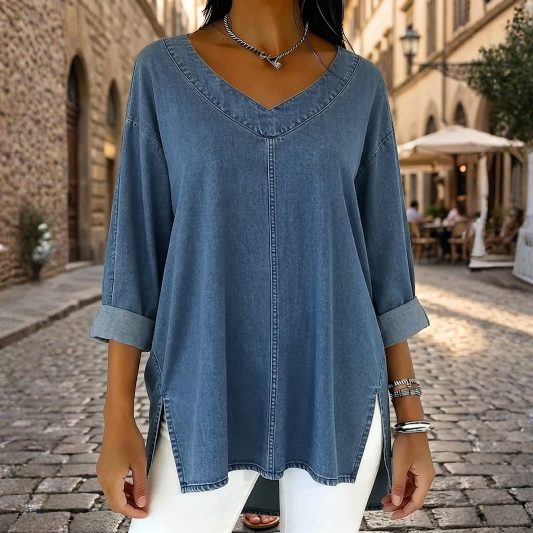 Desmona | Women's Tunic Soft Fit V-Neck Side Split Three-Quarter Sleeve