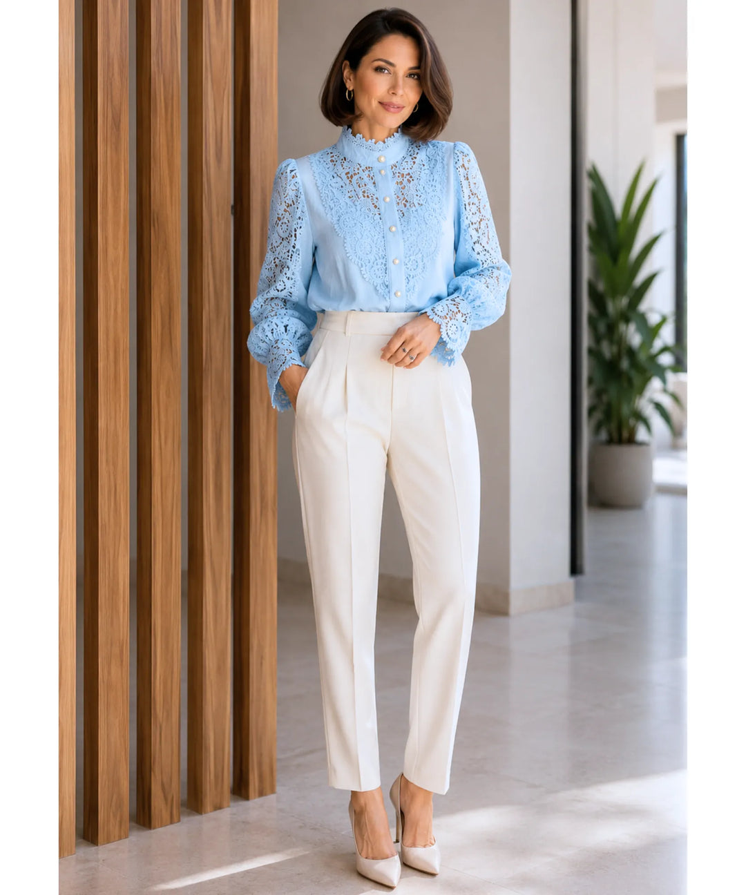 Astrid | Women's Lace Blouse with Puff Sleeves and High Neck