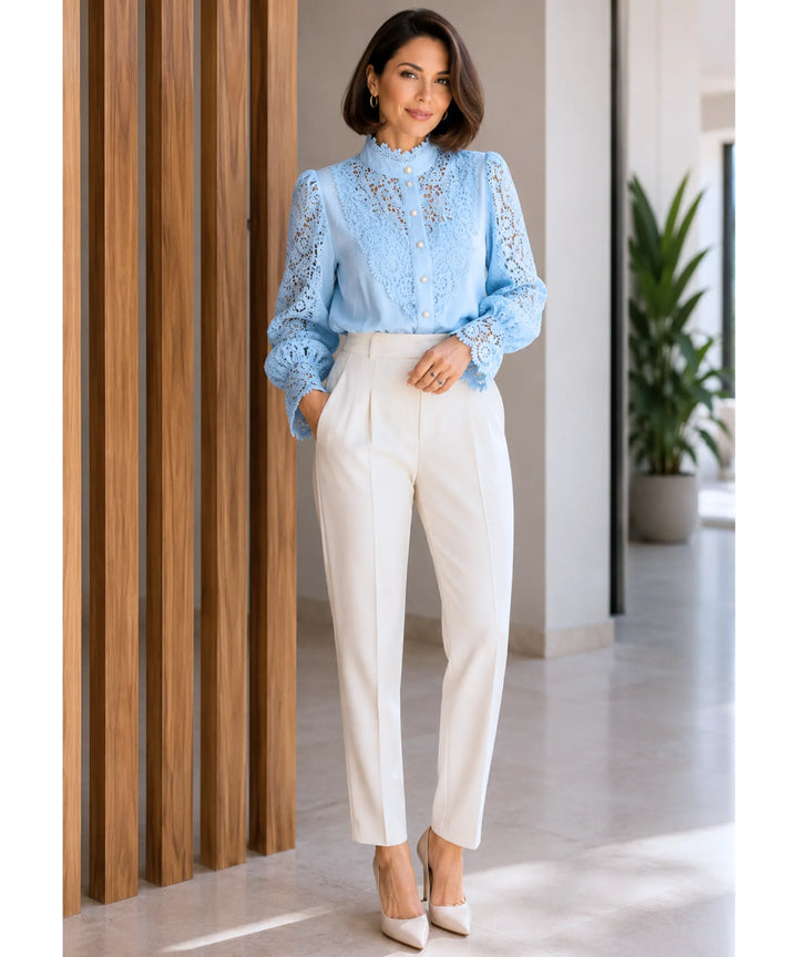 Astrid | Women's Lace Blouse with Puff Sleeves and High Neck