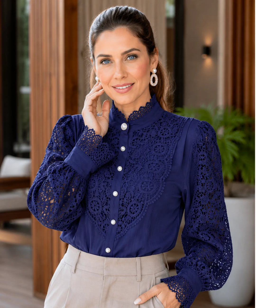 Astrid | Women's Lace Blouse with Puff Sleeves and High Neck