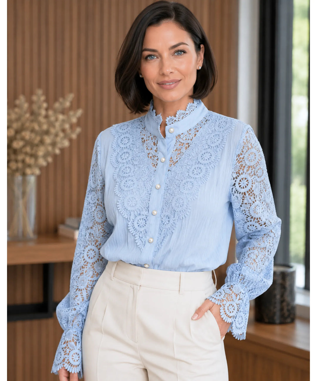 Astrid | Women's Lace Blouse with Puff Sleeves and High Neck