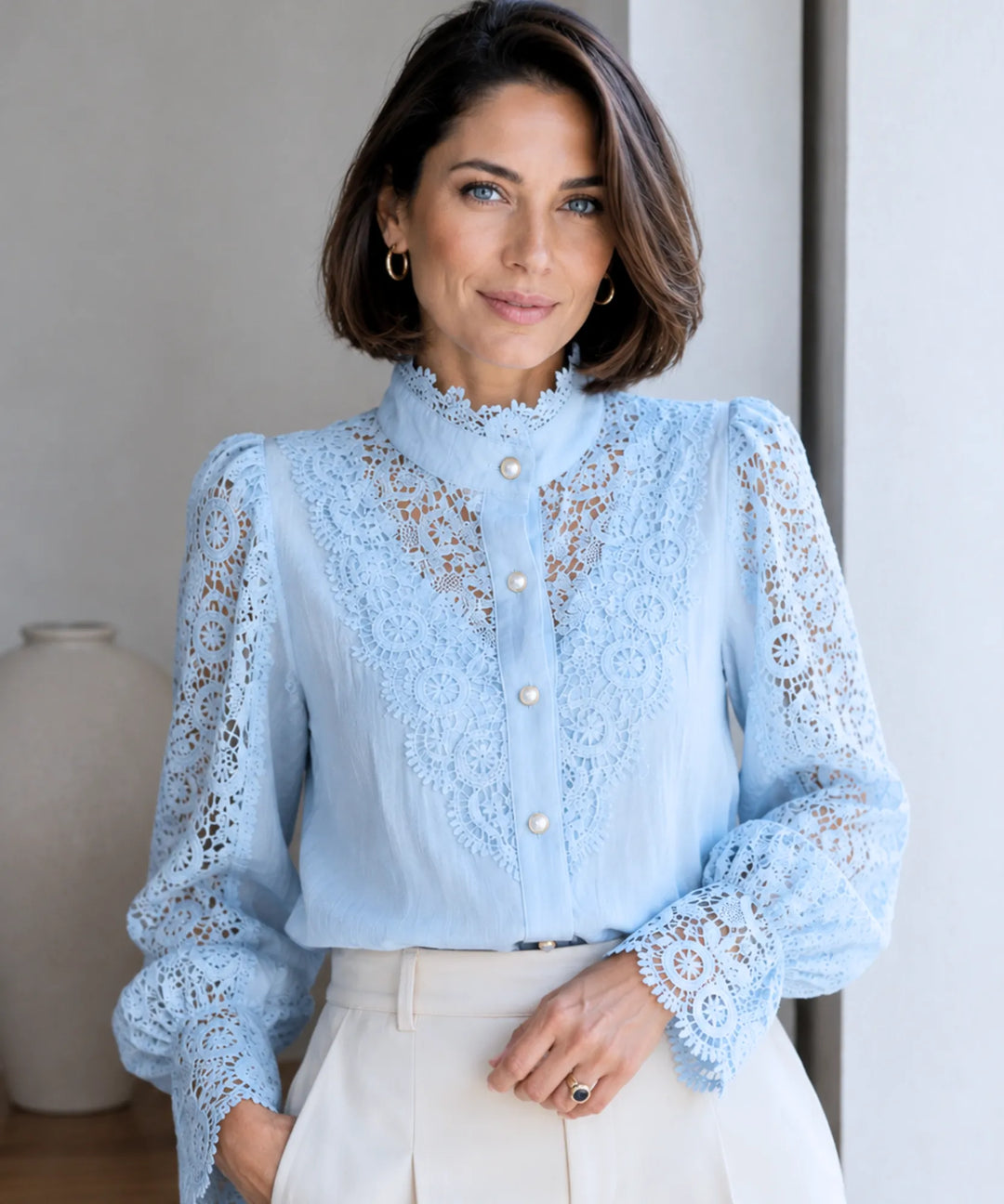 Astrid | Women's Lace Blouse with Puff Sleeves and High Neck