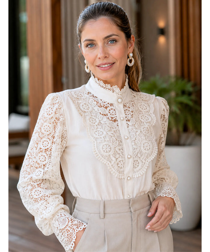 Astrid | Women's Lace Blouse with Puff Sleeves and High Neck