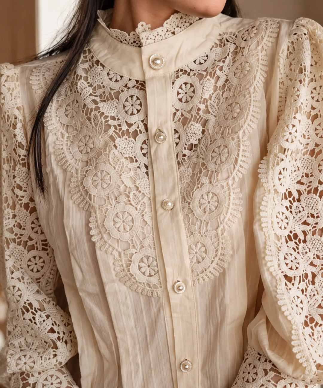 Astrid | Women's Lace Blouse with Puff Sleeves and High Neck