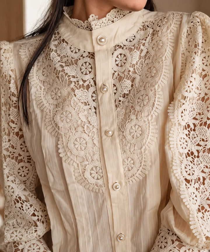 Astrid | Women's Lace Blouse with Puff Sleeves and High Neck