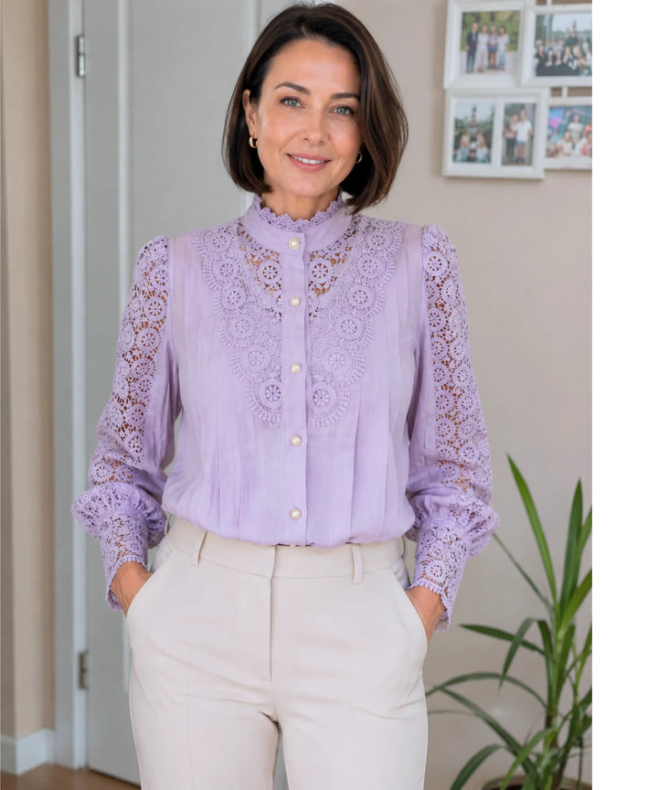 Astrid | Women's Lace Blouse with Puff Sleeves and High Neck
