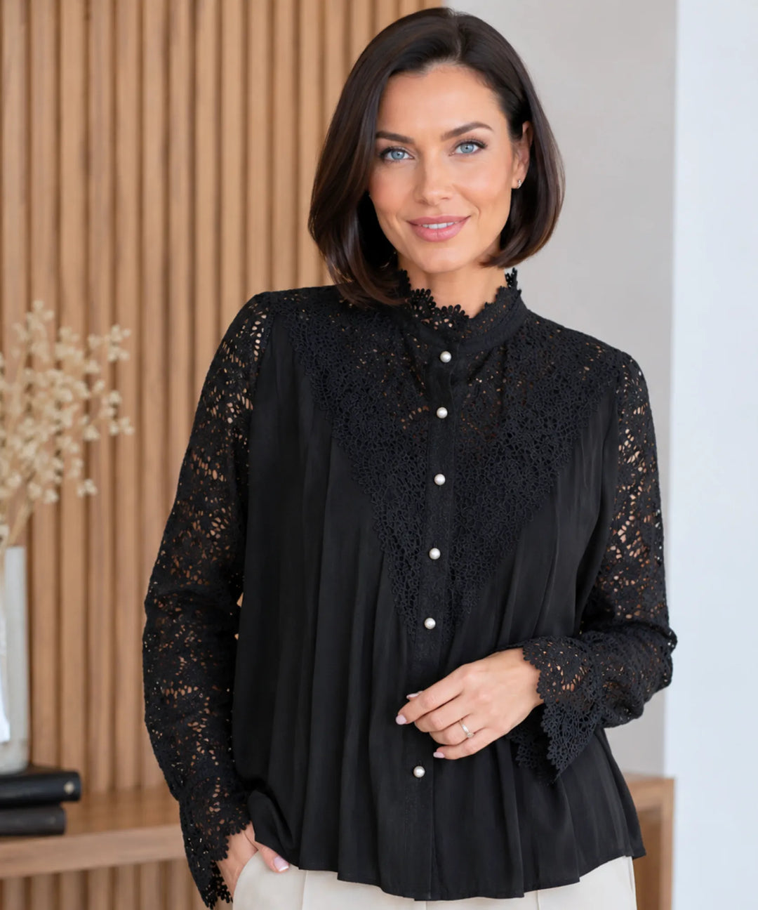 Astrid | Women's Lace Blouse with Puff Sleeves and High Neck