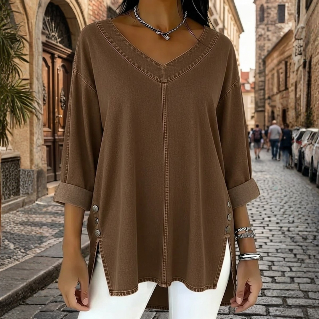 Desmona | Women's Tunic Soft Fit V-Neck Side Split Three-Quarter Sleeve