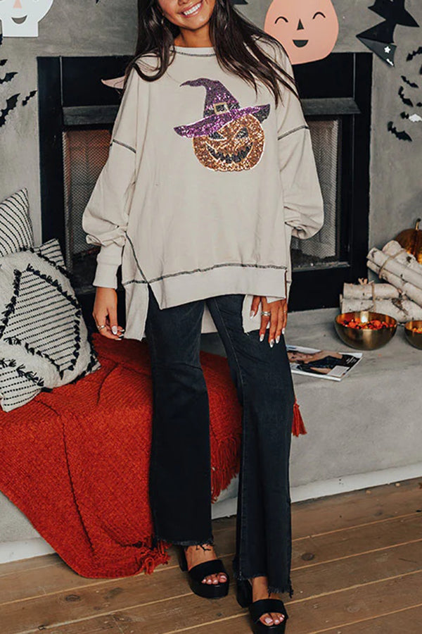 Amicia | Women's Longline Sequin Pumpkin Sweatshirt with Round Neck - image 9