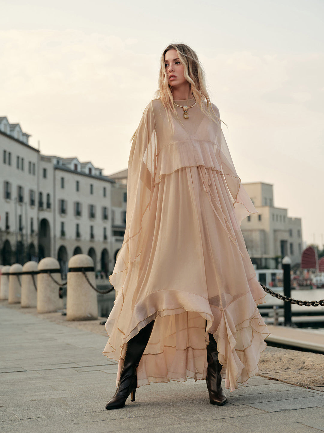 Norah | Women's Chiffon Layered Dress with Cloak