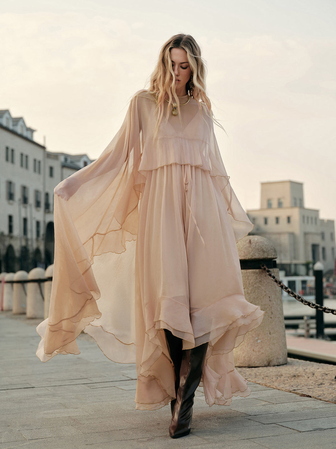 Norah | Women's Chiffon Layered Dress with Cloak