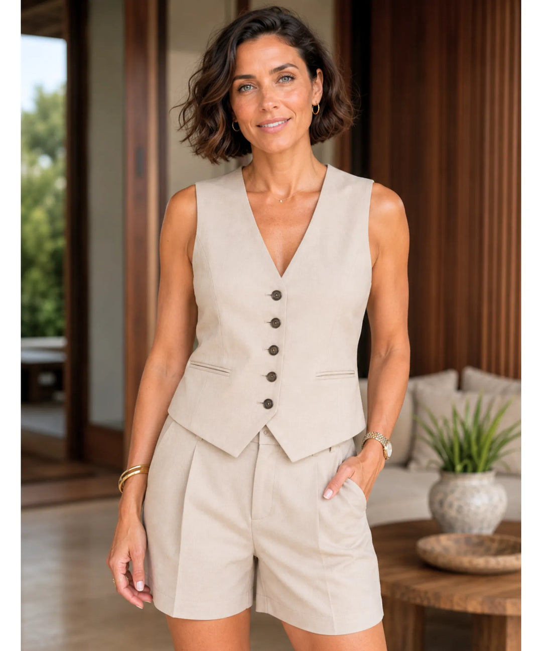 Eleanor | Women's Linen Tailored Vest and Shorts Set