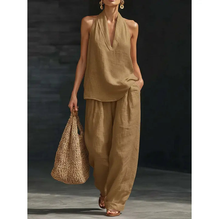 Elodie | Women's Bohemian-Style Linen Two-Piece Set—Strapless Tank Top and Wide-Leg Pants