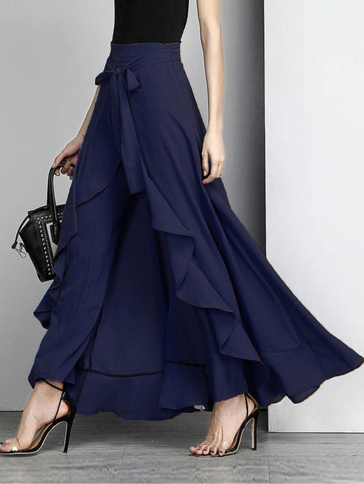 Fiorella | Women's Elegant Grey Waist Spliced Ruffle Hem Straight Leg Skirt