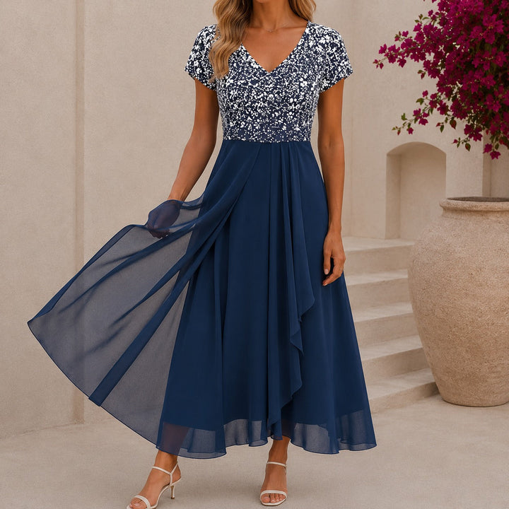 Serafina women's floral midi cocktail dress with v-neck and short sleeves