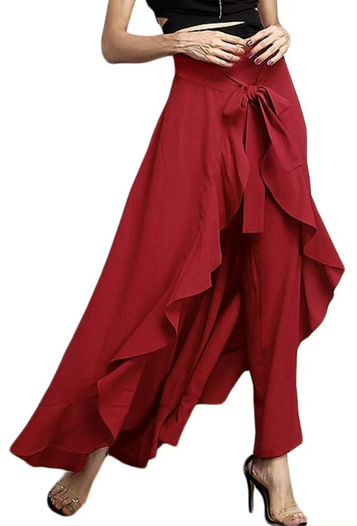 Fiorella | Women's Elegant Grey Waist Spliced Ruffle Hem Straight Leg Skirt