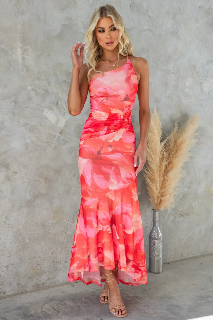 Josiane floral maxi dress, round neck, short sleeves