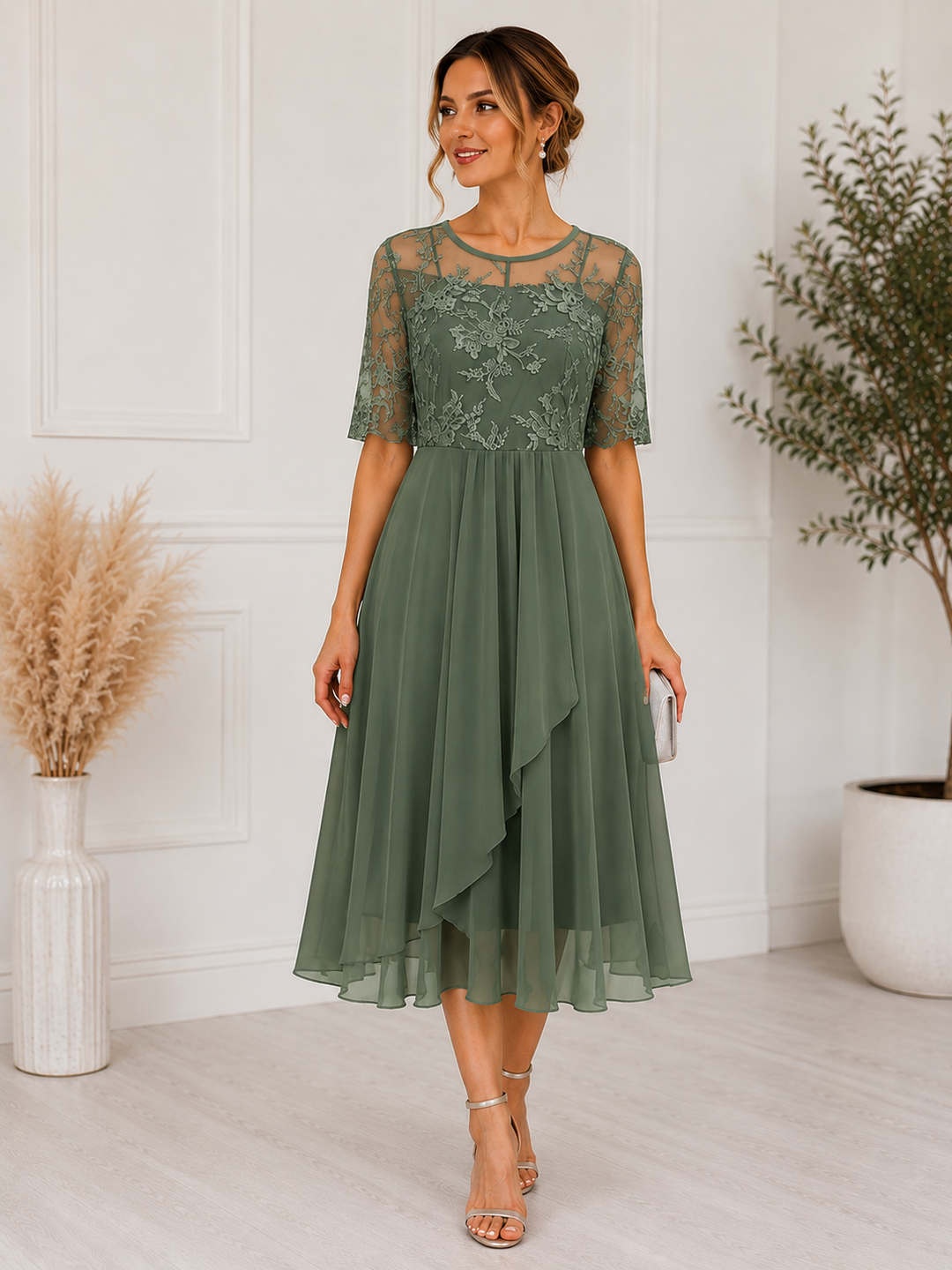 Daphnee | Women's Lace Bodice Chiffon Midi Dress