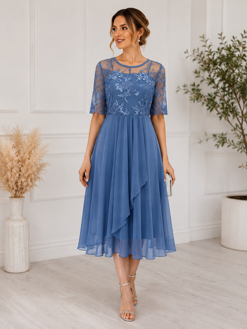 Daphnee | Women's Lace Bodice Chiffon Midi Dress