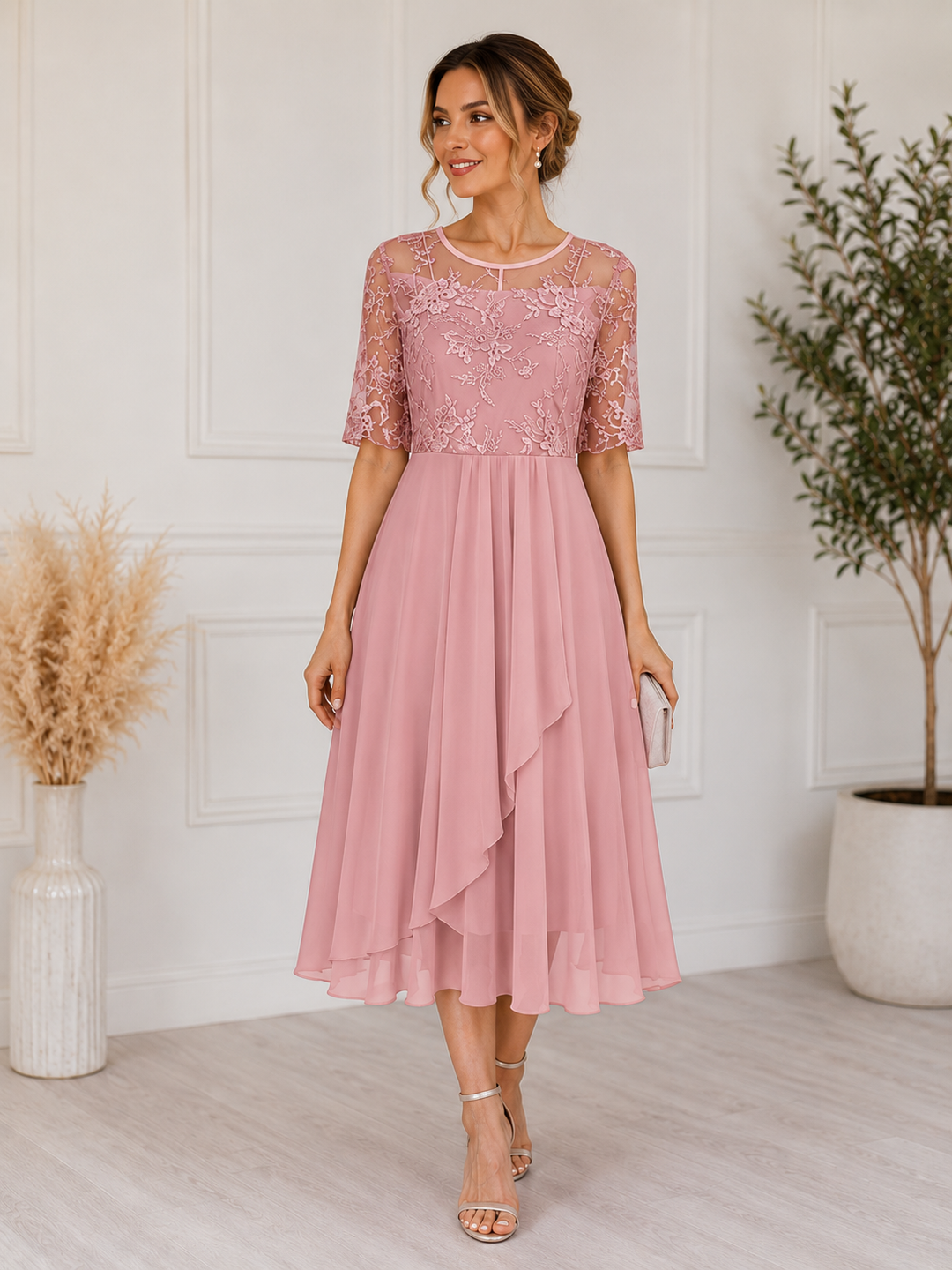 Daphnee | Women's Lace Bodice Chiffon Midi Dress