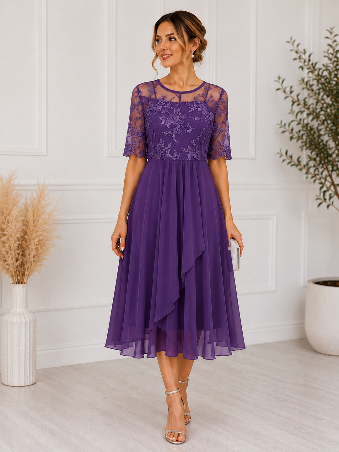 Daphnee | Women's Lace Bodice Chiffon Midi Dress