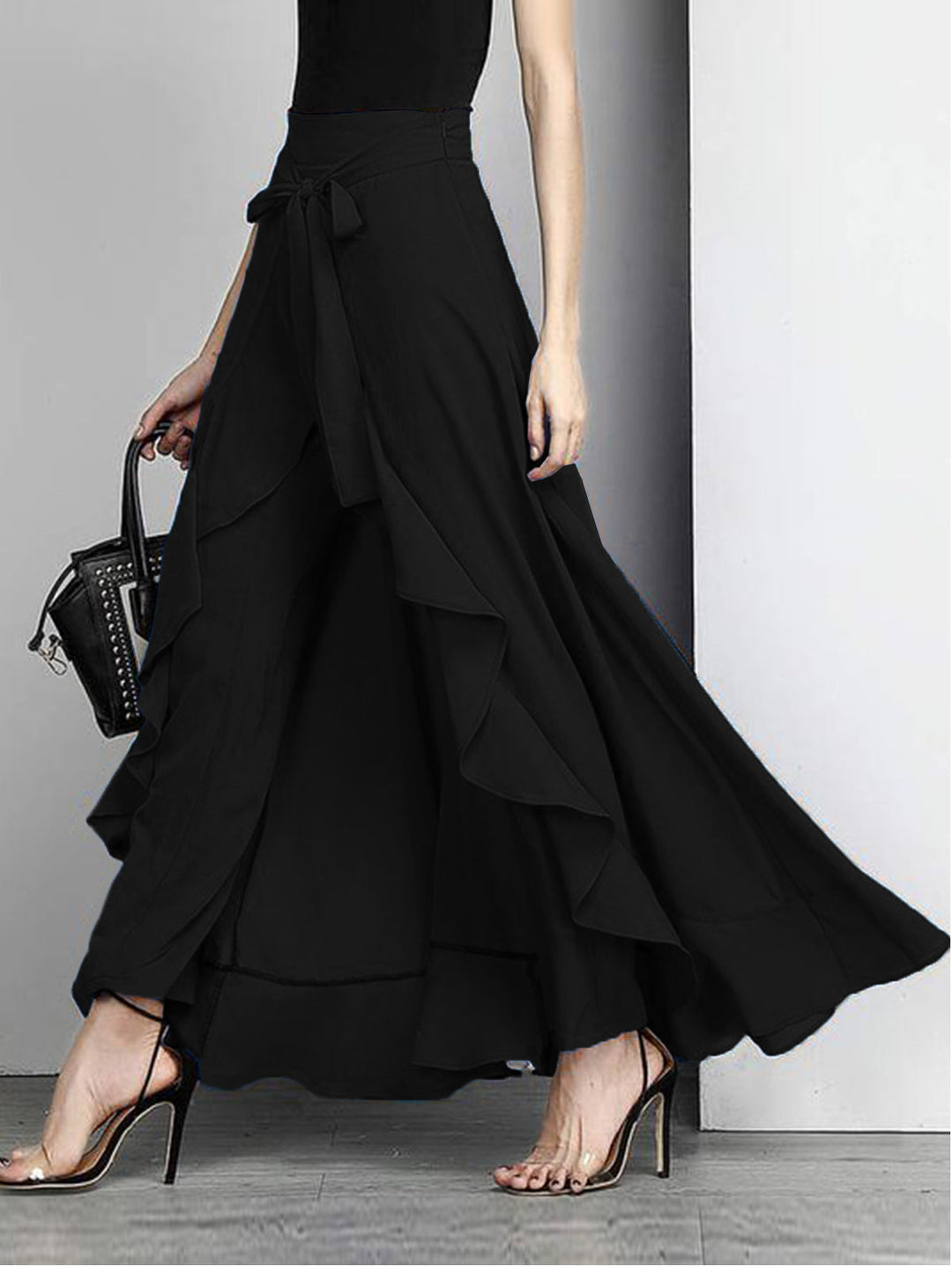 Fiorella | Women's Elegant Grey Waist Spliced Ruffle Hem Straight Leg Skirt