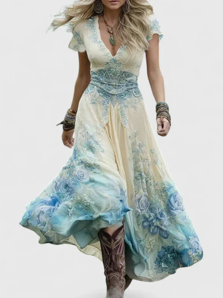 Lucrezia women's flowing floral maxi dress with v-neck and short sleeves