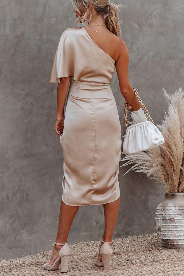 Vittorina women's one-shoulder satin midi dress with ruched waist and wrap slit