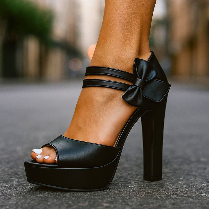 Lenora | Women's Platform Peep-Toe Heels with Bow Ankle Strap