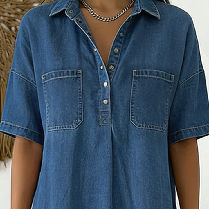 Celestia | Women's Denim Midi Dress with Collared and Short Sleeves - image 2