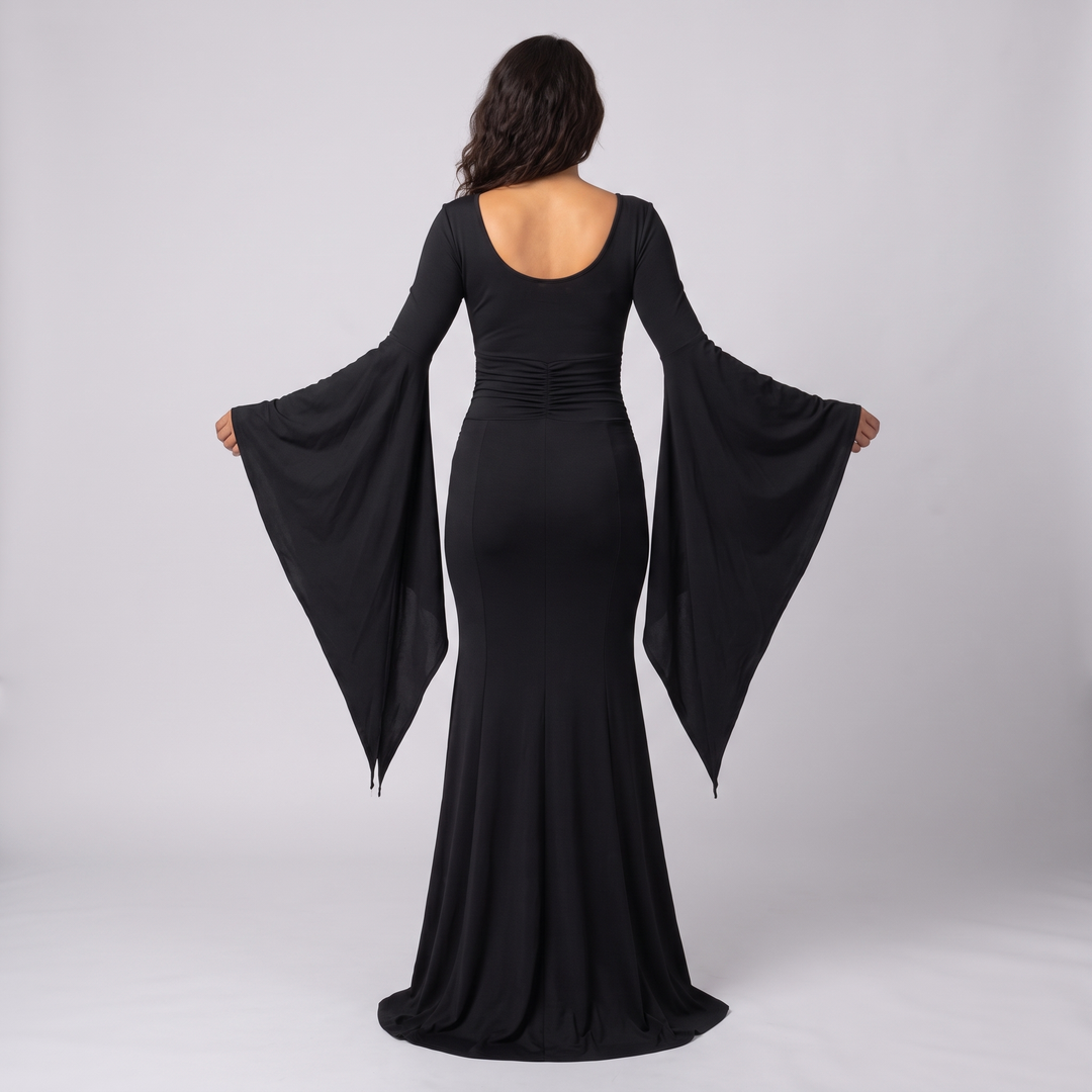 Jehane | Women's Black Batwing Gothic Maxi Dress with Stretch Knit - image 2