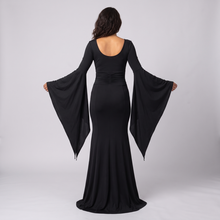 Jehane | Women's Black Batwing Gothic Maxi Dress with Stretch Knit - image 2
