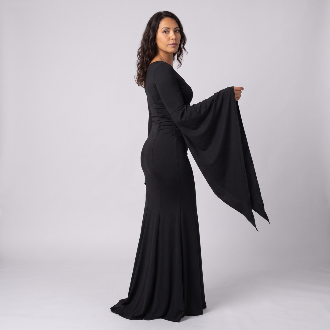 Jehane | Women's Black Batwing Gothic Maxi Dress with Stretch Knit - image 3