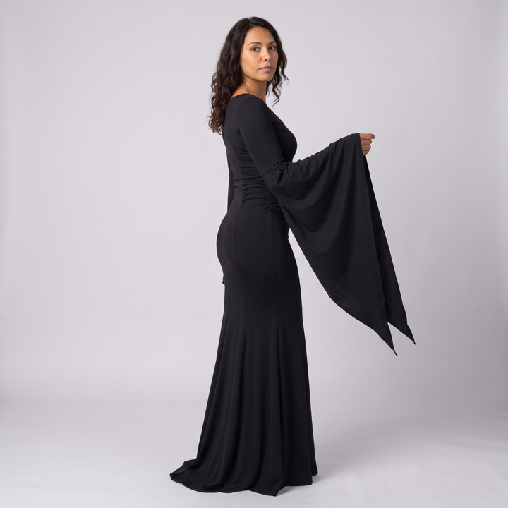 Jehane | Women's Black Batwing Gothic Maxi Dress with Stretch Knit - image 3