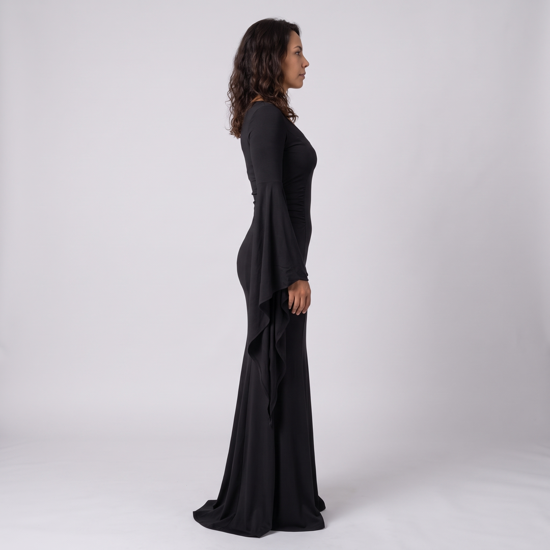 Jehane | Women's Black Batwing Gothic Maxi Dress with Stretch Knit - image 4