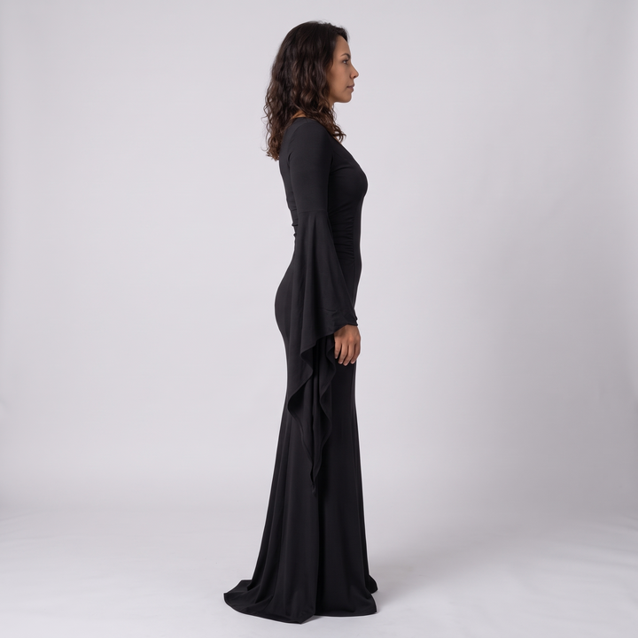 Jehane | Women's Black Batwing Gothic Maxi Dress with Stretch Knit - image 4