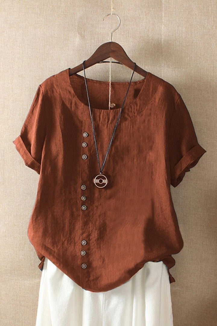 Oriel | Women's Round Neck Short Sleeve Blouse with Button Detail