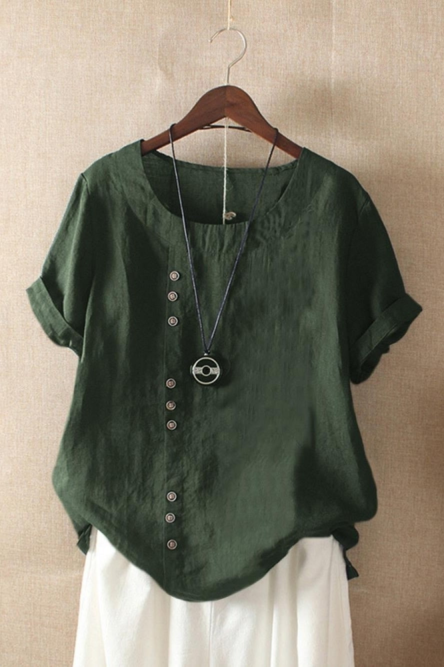 Oriel | Women's Round Neck Short Sleeve Blouse with Button Detail