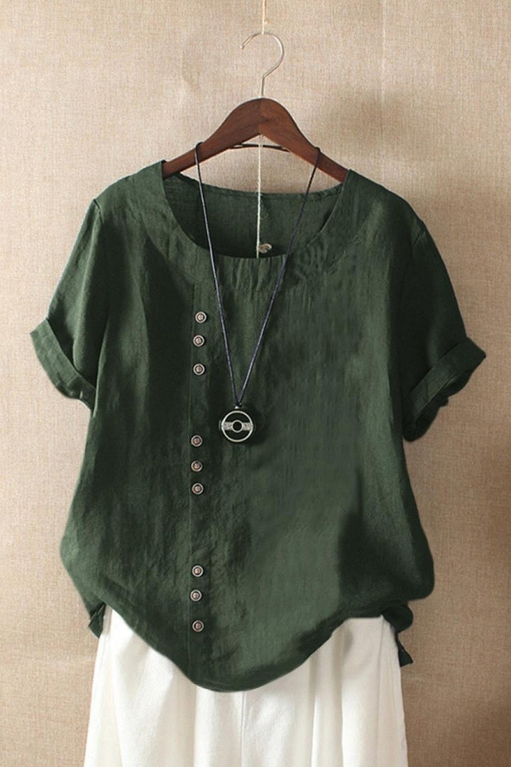Oriel | Women's Round Neck Short Sleeve Blouse with Button Detail