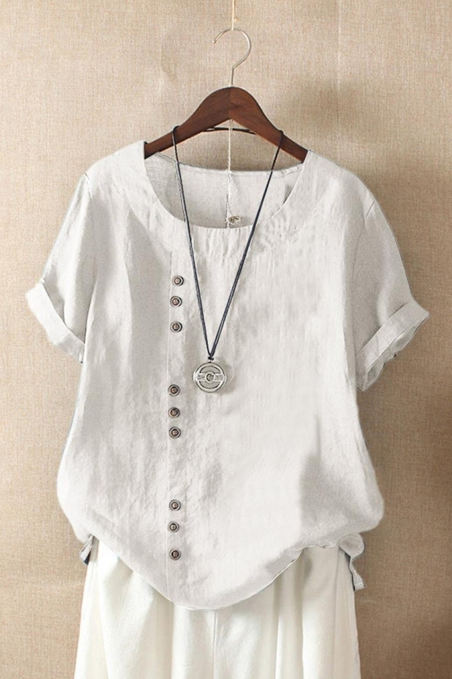 Oriel | Women's Round Neck Short Sleeve Blouse with Button Detail