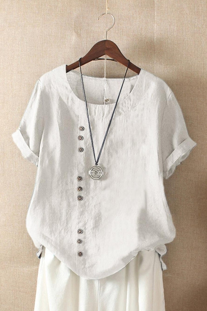 Oriel | Women's Round Neck Short Sleeve Blouse with Button Detail
