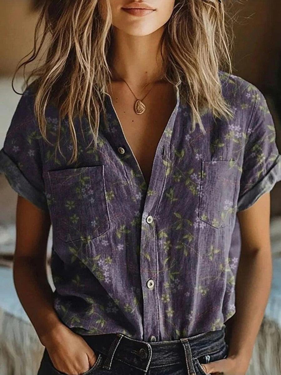 Calliope | Women's Floral Vintage Lapel Short Sleeve Blouse