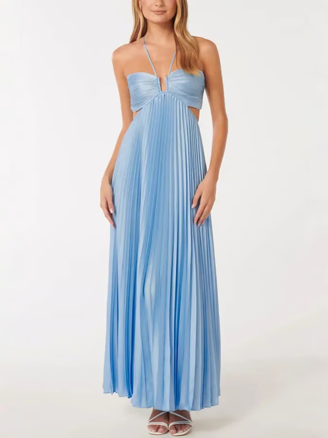 Gianna pleated maxi dress, halter neck, short sleeves