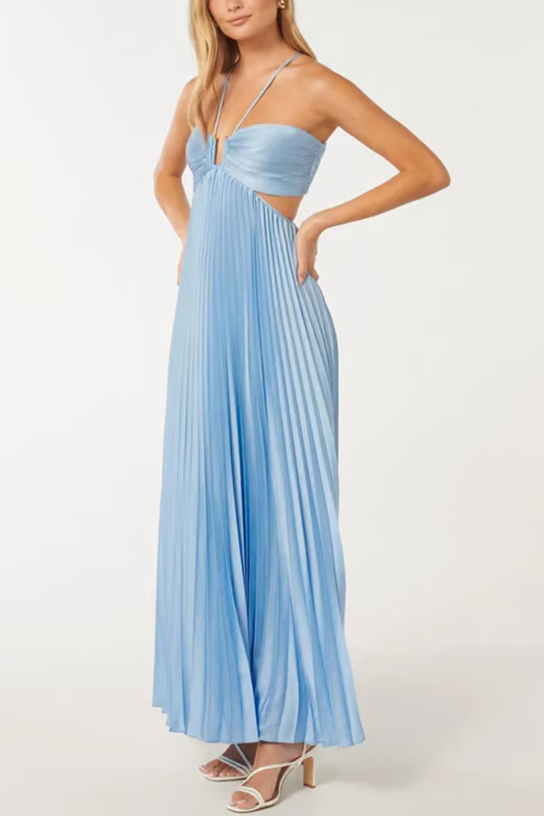 Gianna pleated maxi dress, halter neck, short sleeves