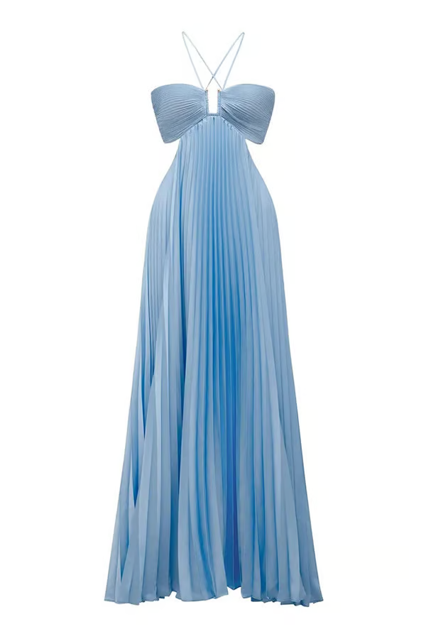 Gianna pleated maxi dress, halter neck, short sleeves