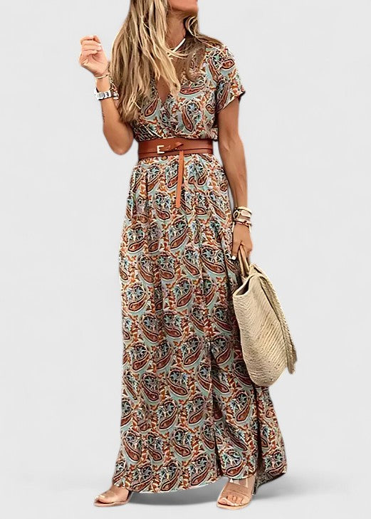 Selina | Women's Gathered-Waist Bohemian Maxi Dress with Round Neck and Short Sleeves - image 4