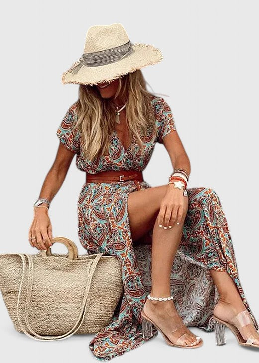 Selina | Women's Gathered-Waist Bohemian Maxi Dress with Round Neck and Short Sleeves - image 3