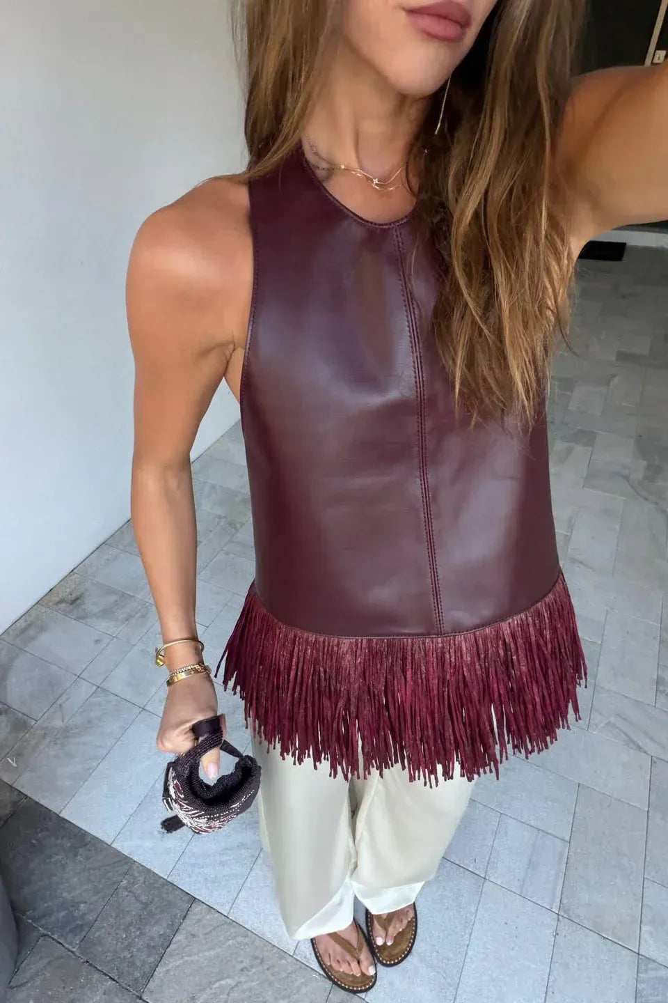 Edwina | Women's Delphine Faux Leather Fringe Halter Top