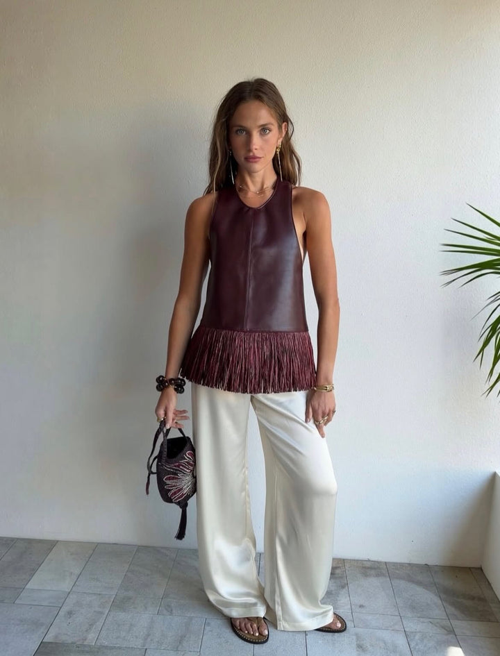 Edwina | Women's Delphine Faux Leather Fringe Halter Top
